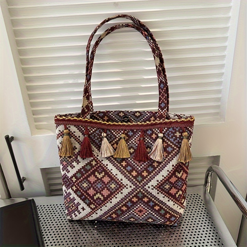Ethnic Style Tassel Shoulder Bag Retro Argyle Embroidery - Temu