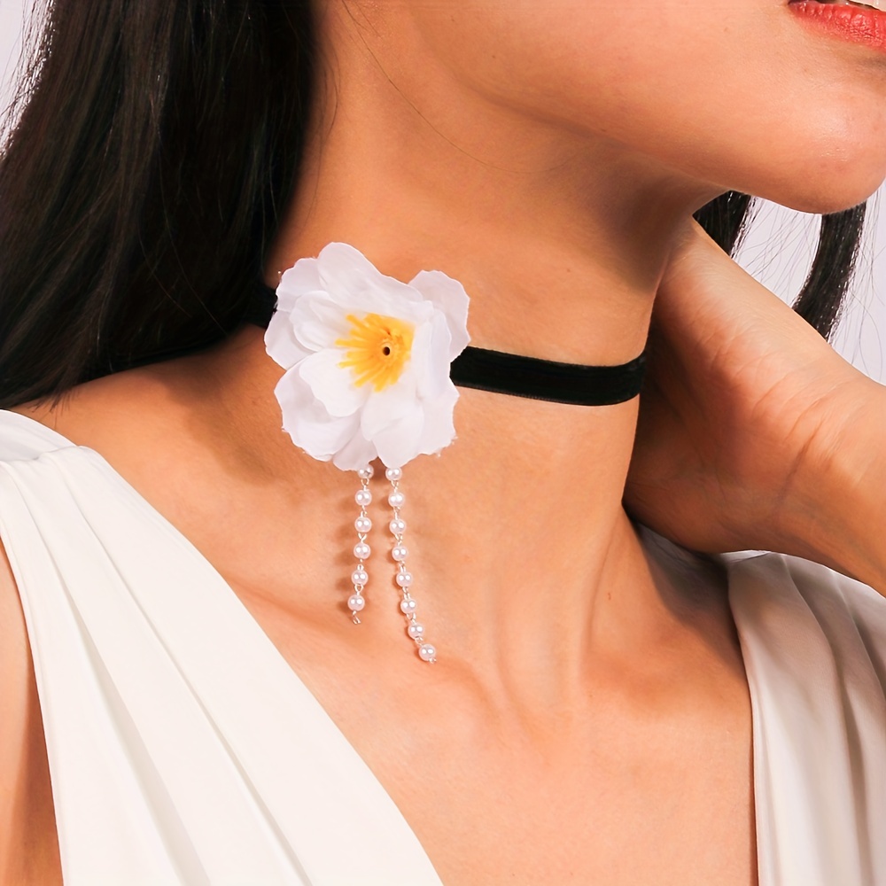 Imitation Flower Rice Beads Velvet Choker, Elegant Neck Accessories For  Women Party Vacation Decor Ornament - Temu