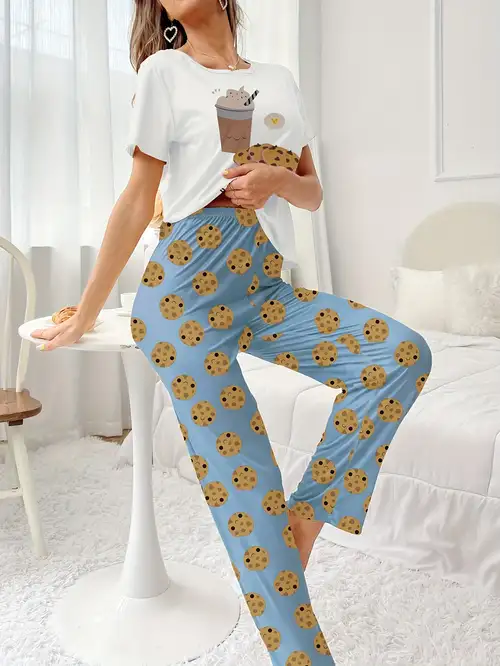 Print Pajama Set Crew Neck Cami Top Elastic - Temu