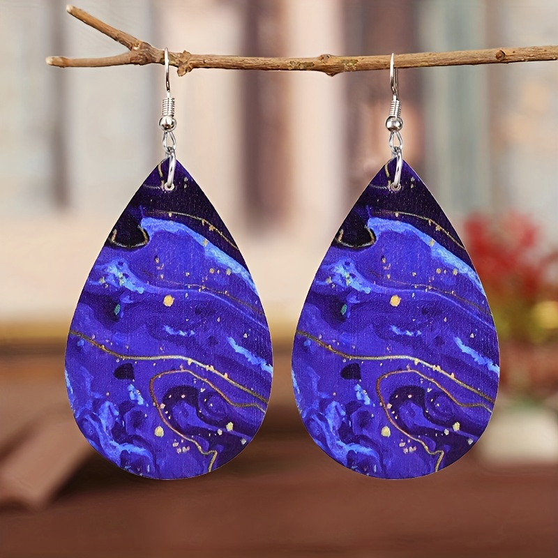 Blue Sea Wave Pattern Teardrop Dangle Earrings Bohemian Ocean Style PU Leather Jewelry Trendy Gift For Women Girls Daily Casual