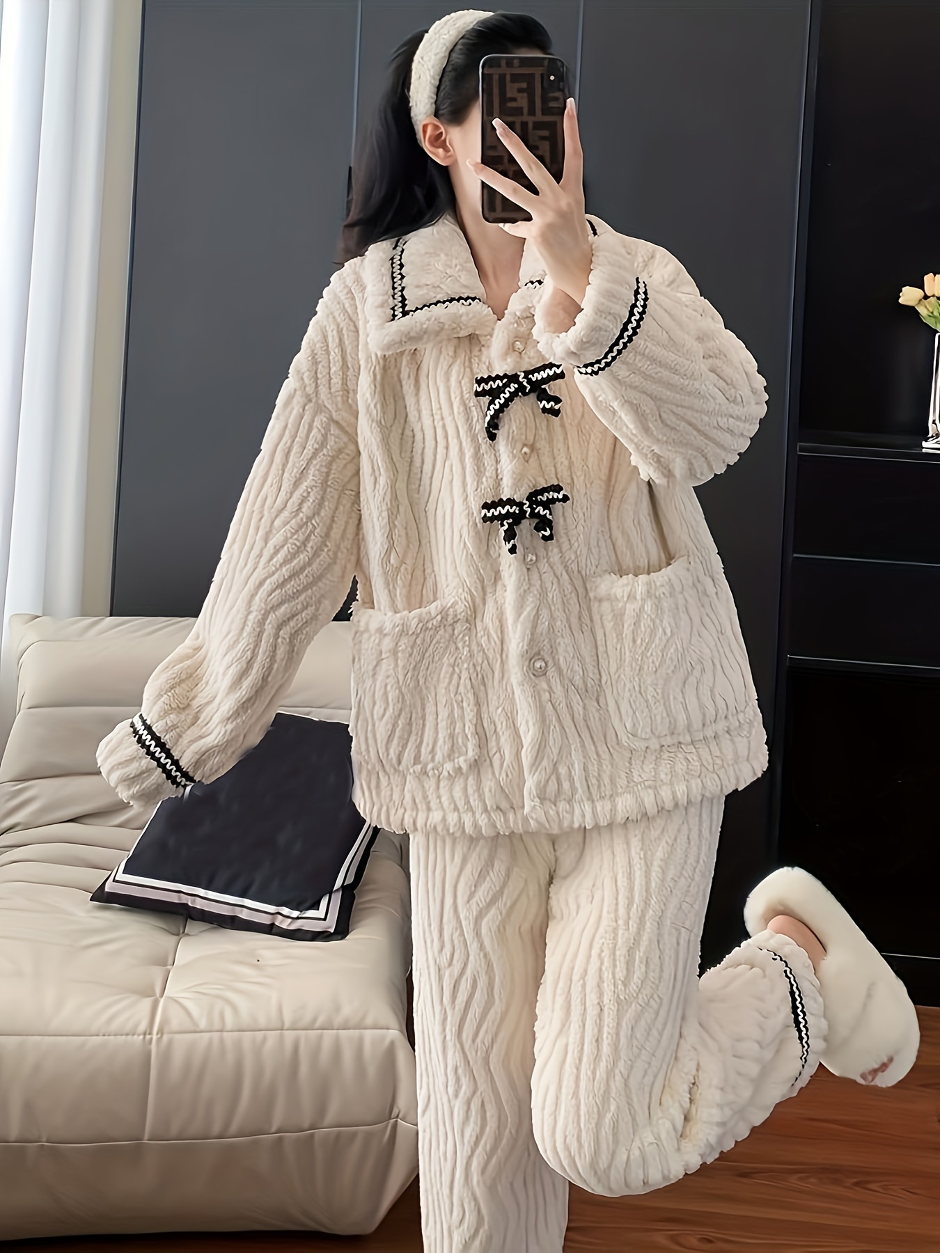 Solid Fuzzy Pajama Set Long Sleeve V Neck Top Elastic - Temu