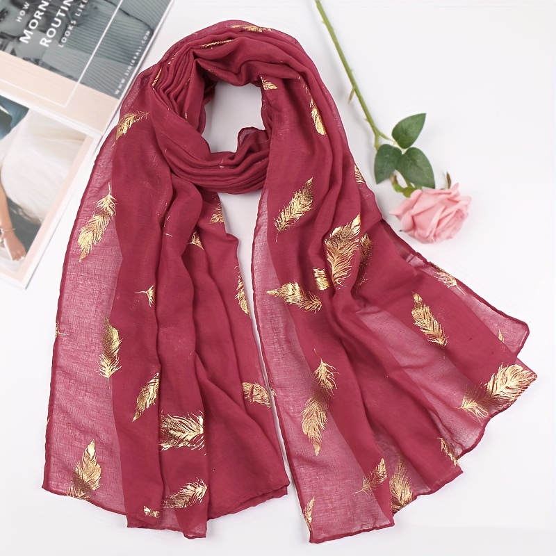 1pc Women's Elegant Feather-Printed Golden Scarf - Lightweight & Windproof Shawl Wrap for Casual Outings, Machine Washable Fashion Accessory, Scarf for Hair, Stylish Hair Wrap, Sophisticated Print, Easy Care Material, Soft Fabric, Outdoor Wear
