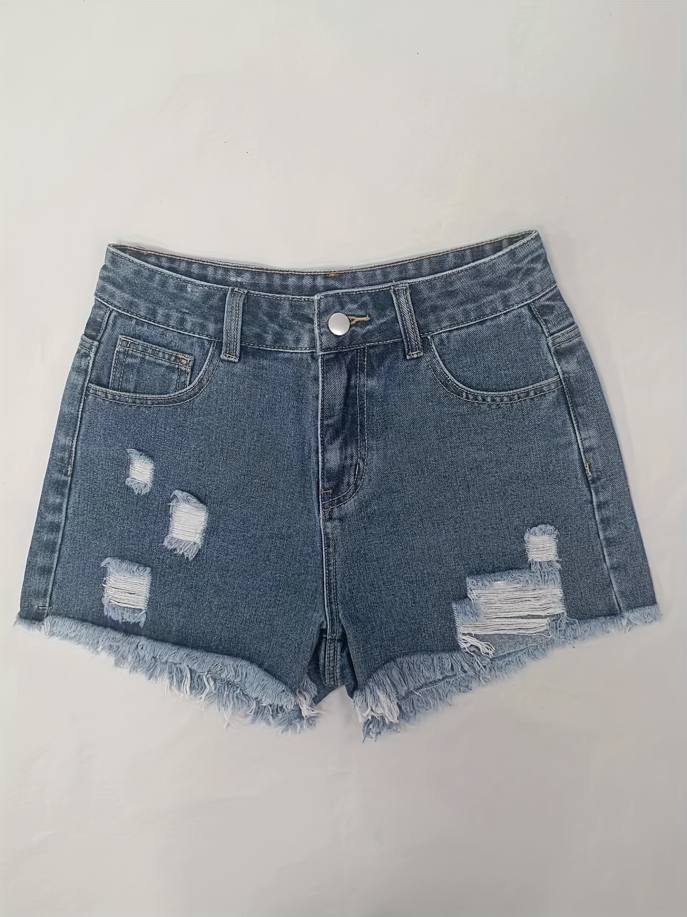 Shorts jeans com bainha crua furos rasgados bolsos - Temu Portugal