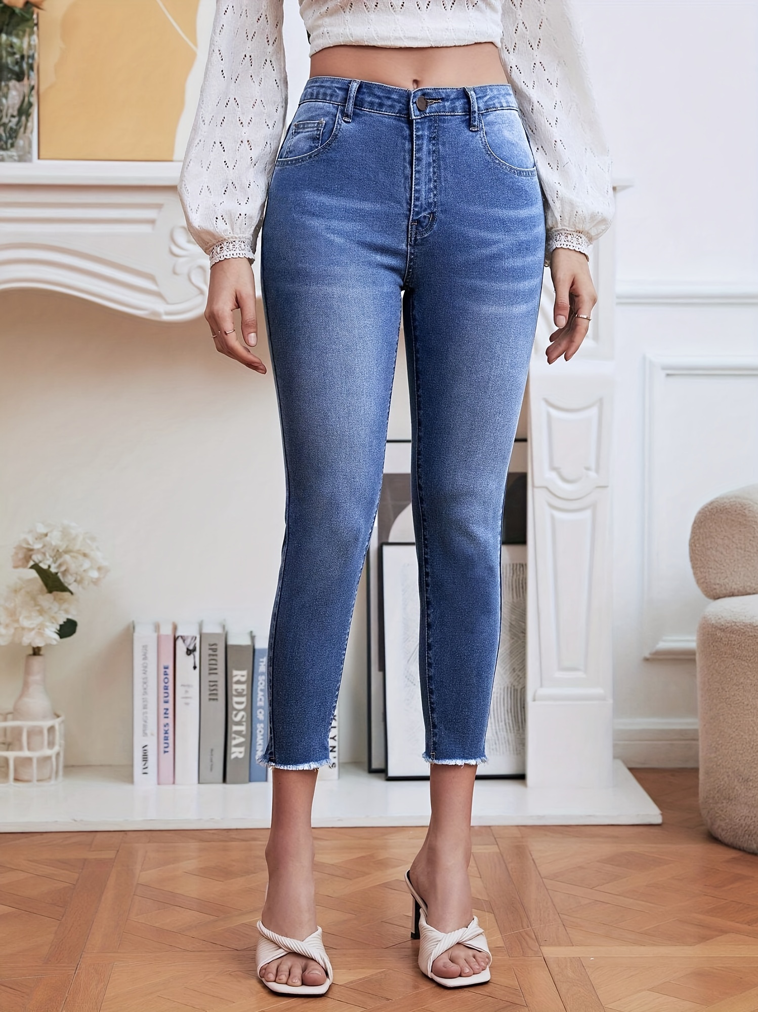 Blue Floral Embroidered Capris Denim Pants, Slim Fit * Hem Slim Fit High  Stretch Denim Jeans, Women's Denim Jeans & Clothing
