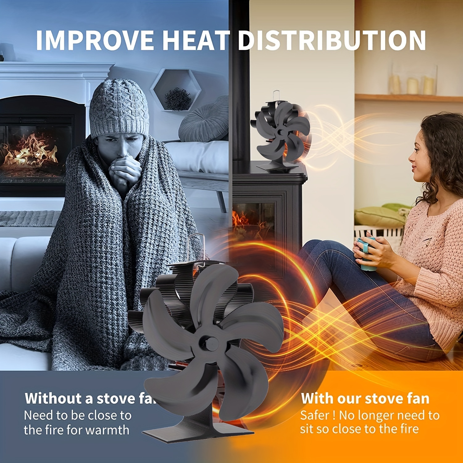 Xmasneed Wood Stove Fan, Fireplace Fan for Wood Burning Stove, Heat Powered  fan, Wood Stove Accessories, Quiet Operation Circulating Warm Air