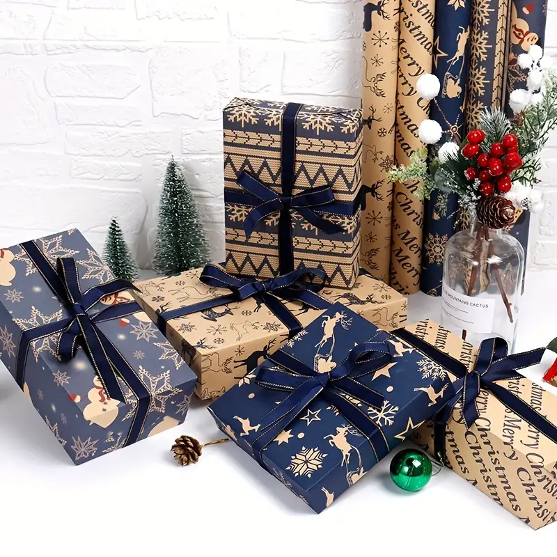 Christmas Wrapping Paper Set Recyclable Kraft Gift Wrapping - Temu Germany