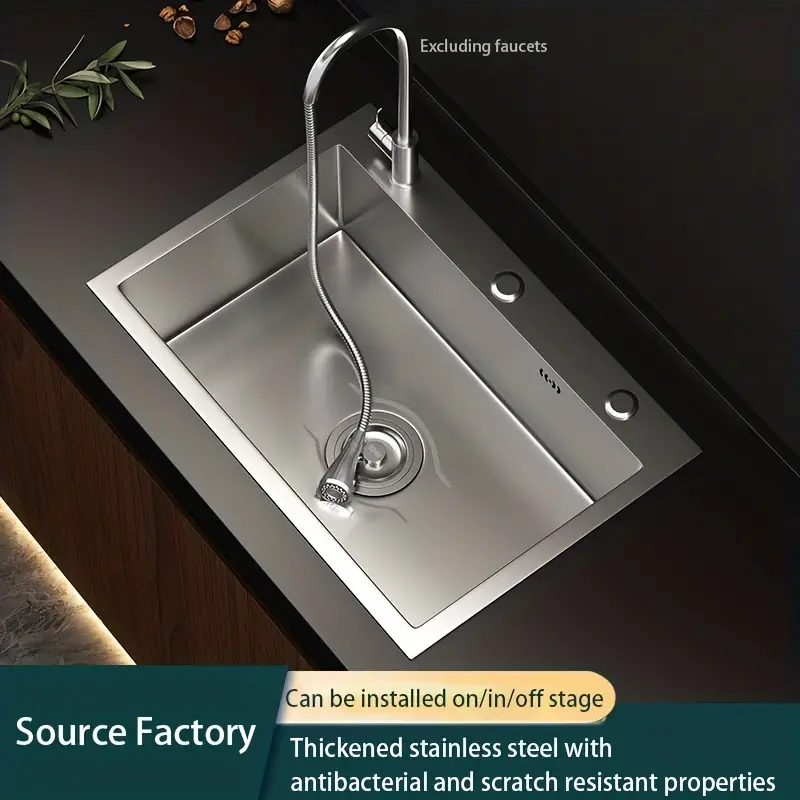 1pc Pure Handmade Stainless Steel Sink Dish Washing Basin, Vegetable  Washing Basin, Engineering Basin Kitchen Sink Set