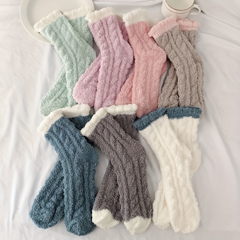 

5/7/8 Pairs Colorblock Fuzzy Socks, Comfy & Warm Mid Tube Socks, Women's Stockings & Hosiery