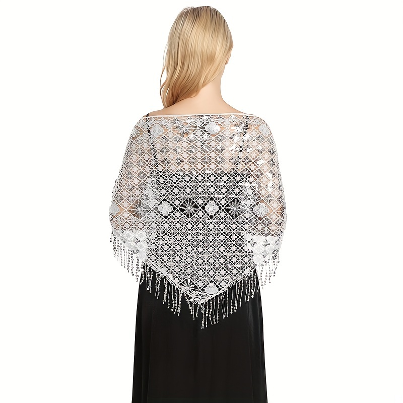 Sequin Decor Triangle Scarf Floral Hollow Out Solid Shawl