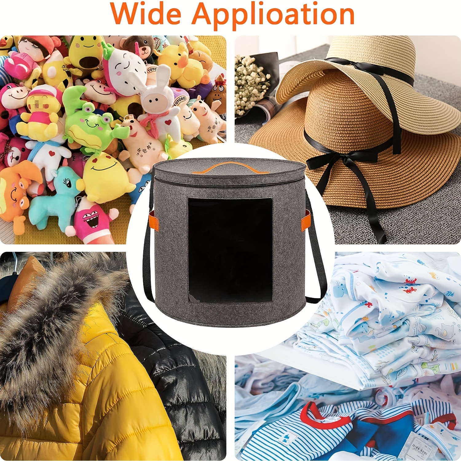 Foldable Round Hat Storage Box with Lid, Stuffed Animal Toy