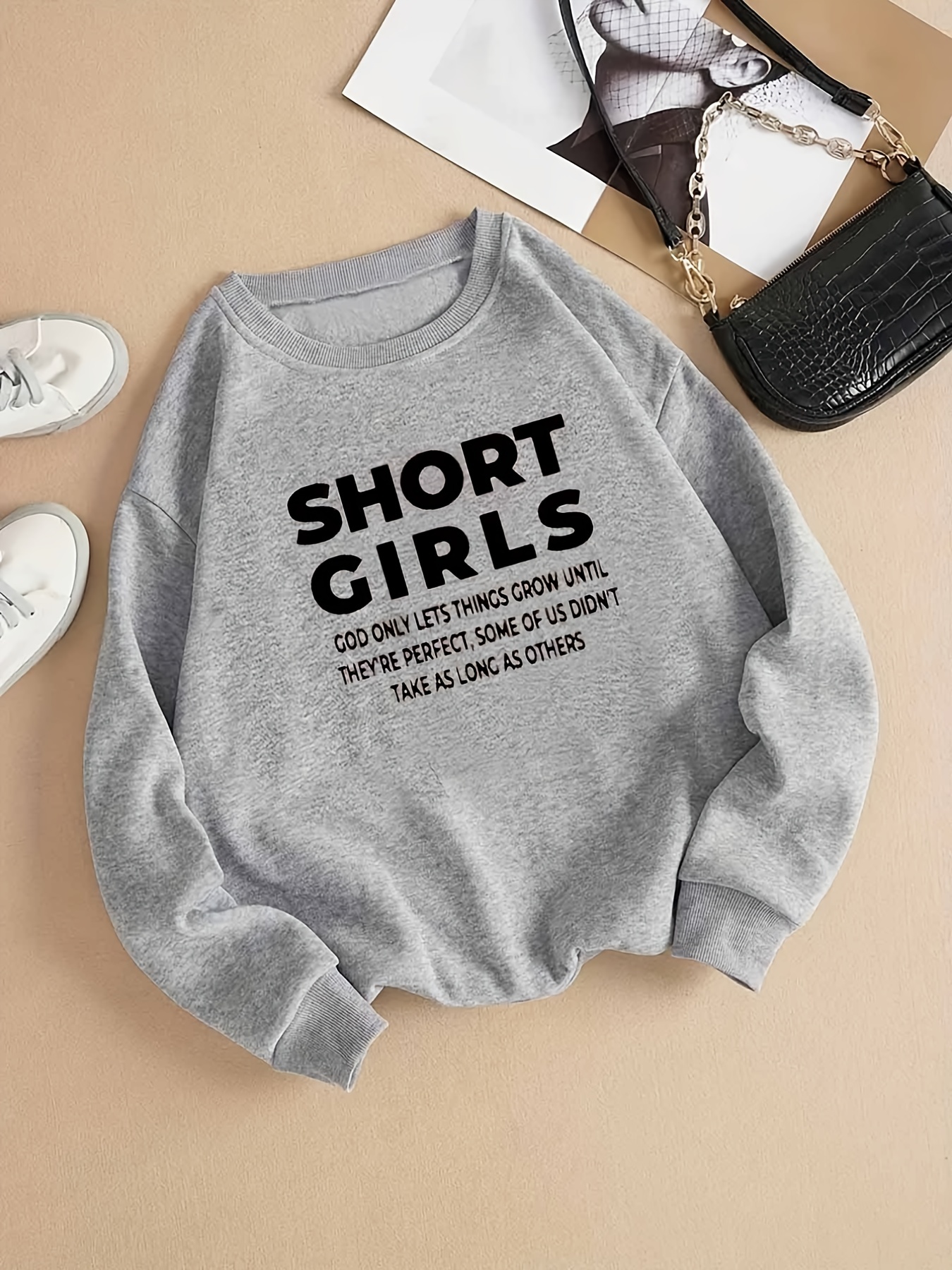 Short Girl Letter Print Sweatshirt Casual Long Sleeve Crew - Temu Canada