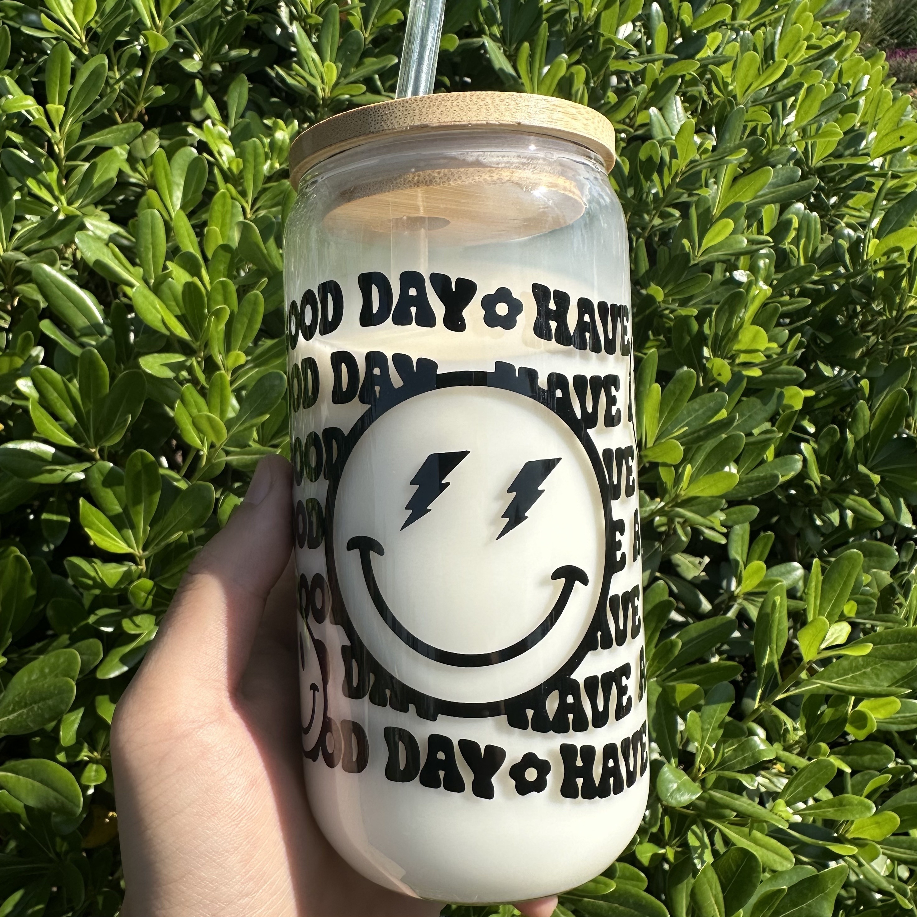 Happy Face Glass, SMILEY FACE GLASS Can, Be Happy Coffee Cup, Emoji Face Glass  Tumbler, Bamboo Lid and Straw, Beer Can Glass Cup Bamboo Lid 