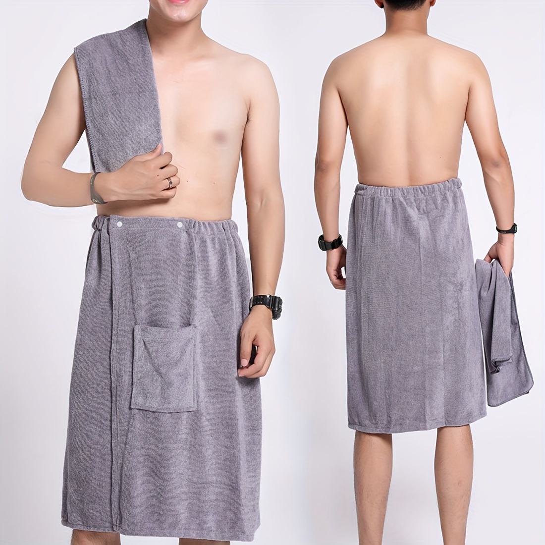 1pc Men's Body Wrap Towel Adjustable Sauna Towels Spa Wrap with Pocket  After Shower Wrap Bath Towels Bath Wrap for Men Shower Bath Gym ( Grey)