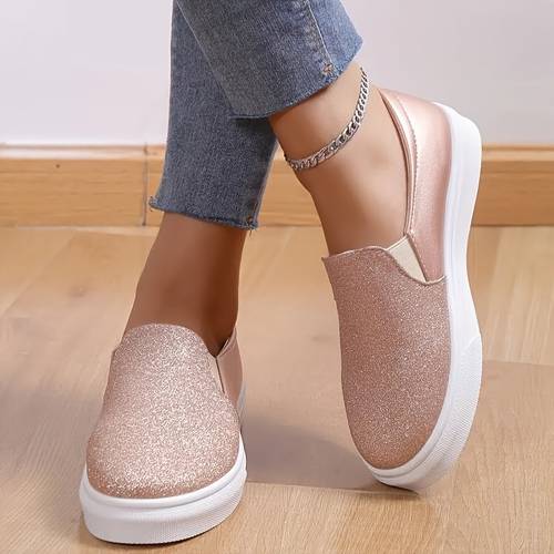 Women's Glitter Flat Shoes, Lightweight Round Toe Slip On Shoes, Casual Low Top Shoes