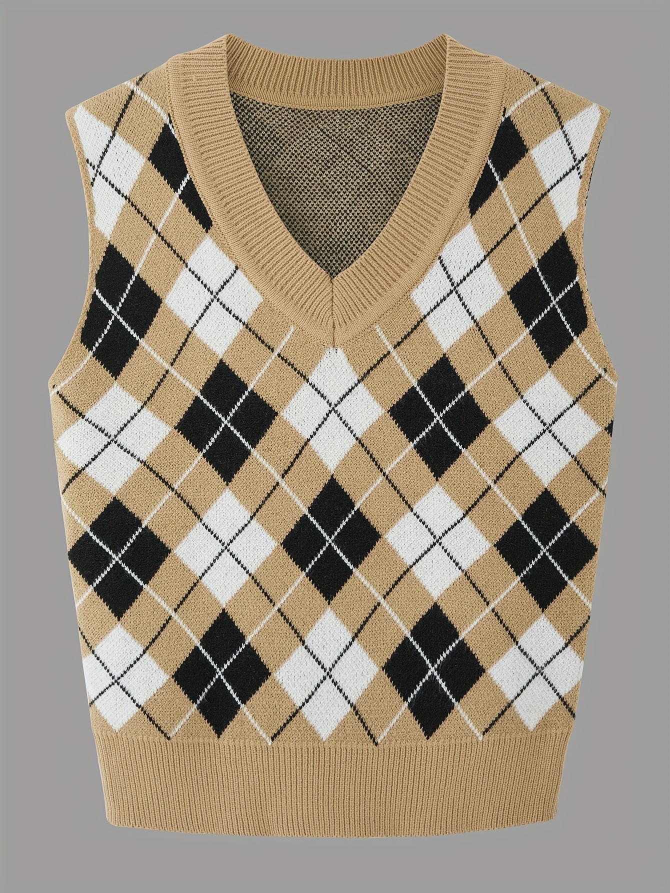 Argyle Pattern Crop Sweater Vest, Sleeveless V Neck Casual Sweater For  Spring & Fall, Women's Clothing