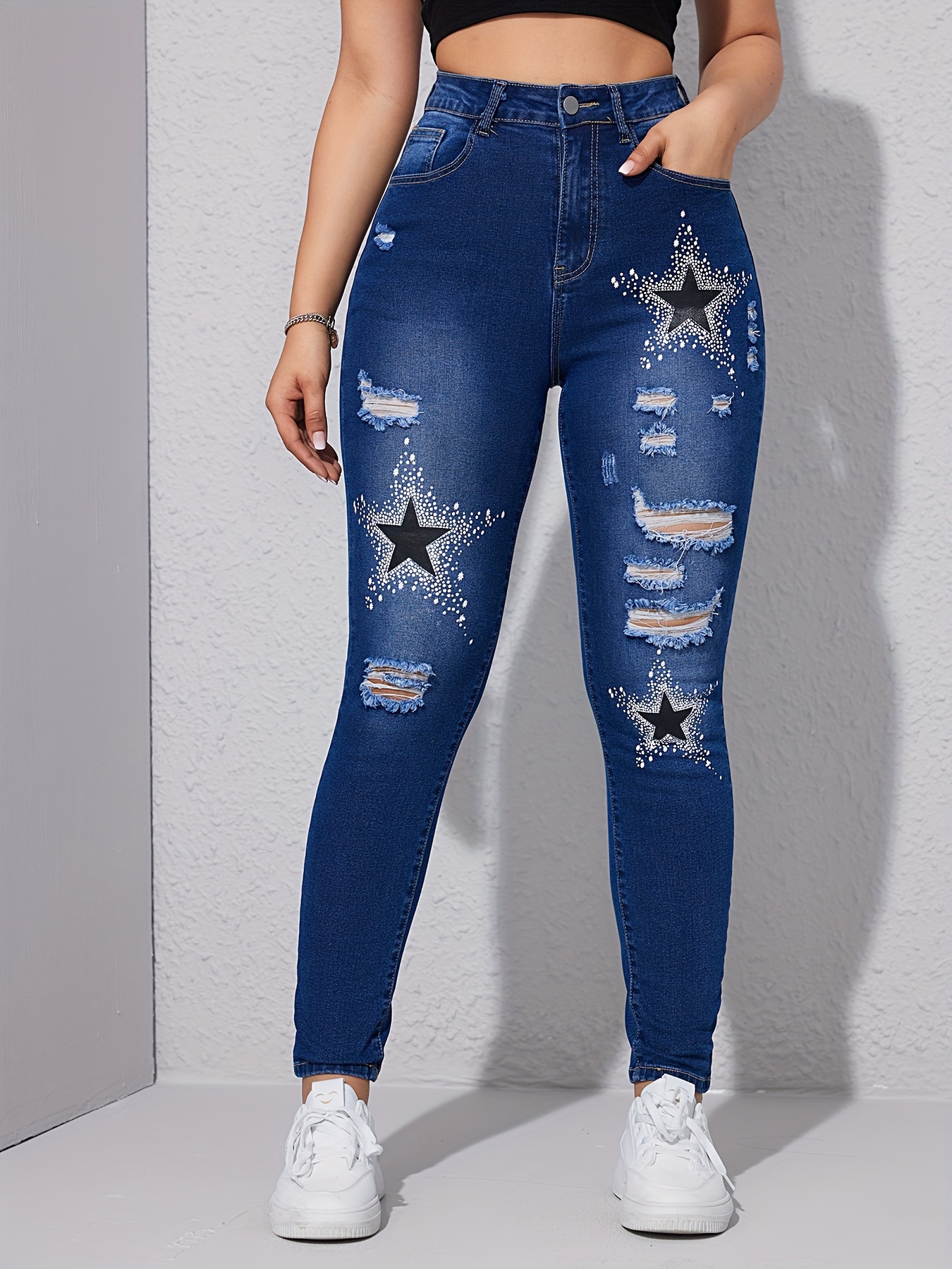 Star Print Whiskering High * Denim Pants, High Strech Slash Pocket Skinny  Jeans, Women's Denim Jeans & Clothing