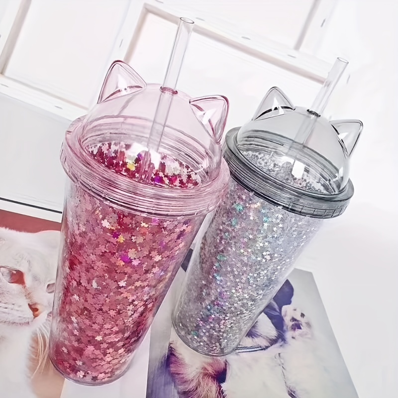 1pc Sequin Decor Clear Tumbler, Cute Pink Straw Cup For Girls