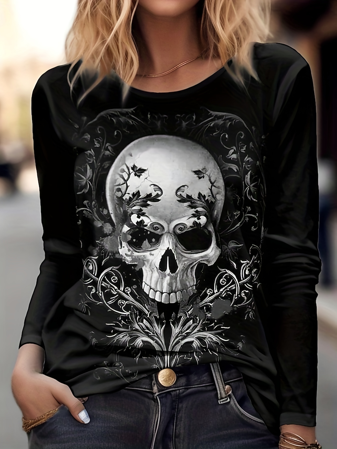 Skull Print Crew Neck T shirt Casual Long Sleeve Top Spring - Temu