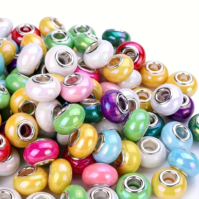 

100pcs 14mm Mixed Color With Silvery Brass Core Combination Charm Lighting Beads Ceramic Effect Large Hole Spacer Beads For Jewelry Making Diy Necklace Bracelet Craft Supplies