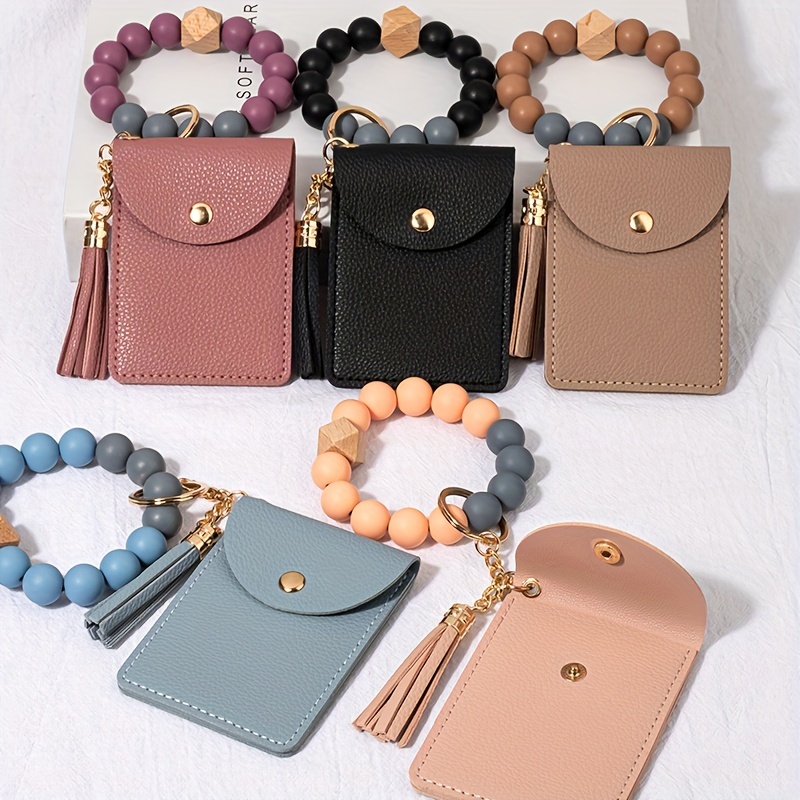 Silicone Bead Bracelet Solid Color Card Holder Keychain - Temu