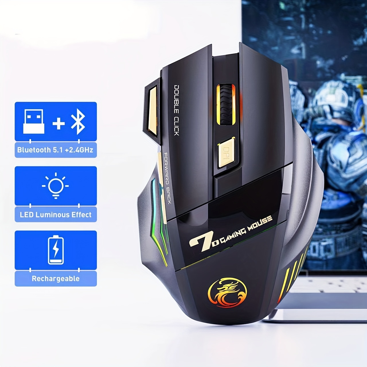 Souris gaming sans fil Bluetooth Vertical Ergonomic Rechargeable PC Gamer  RGB Laptop Rétroéclairée Souris | Mouse (Noir)