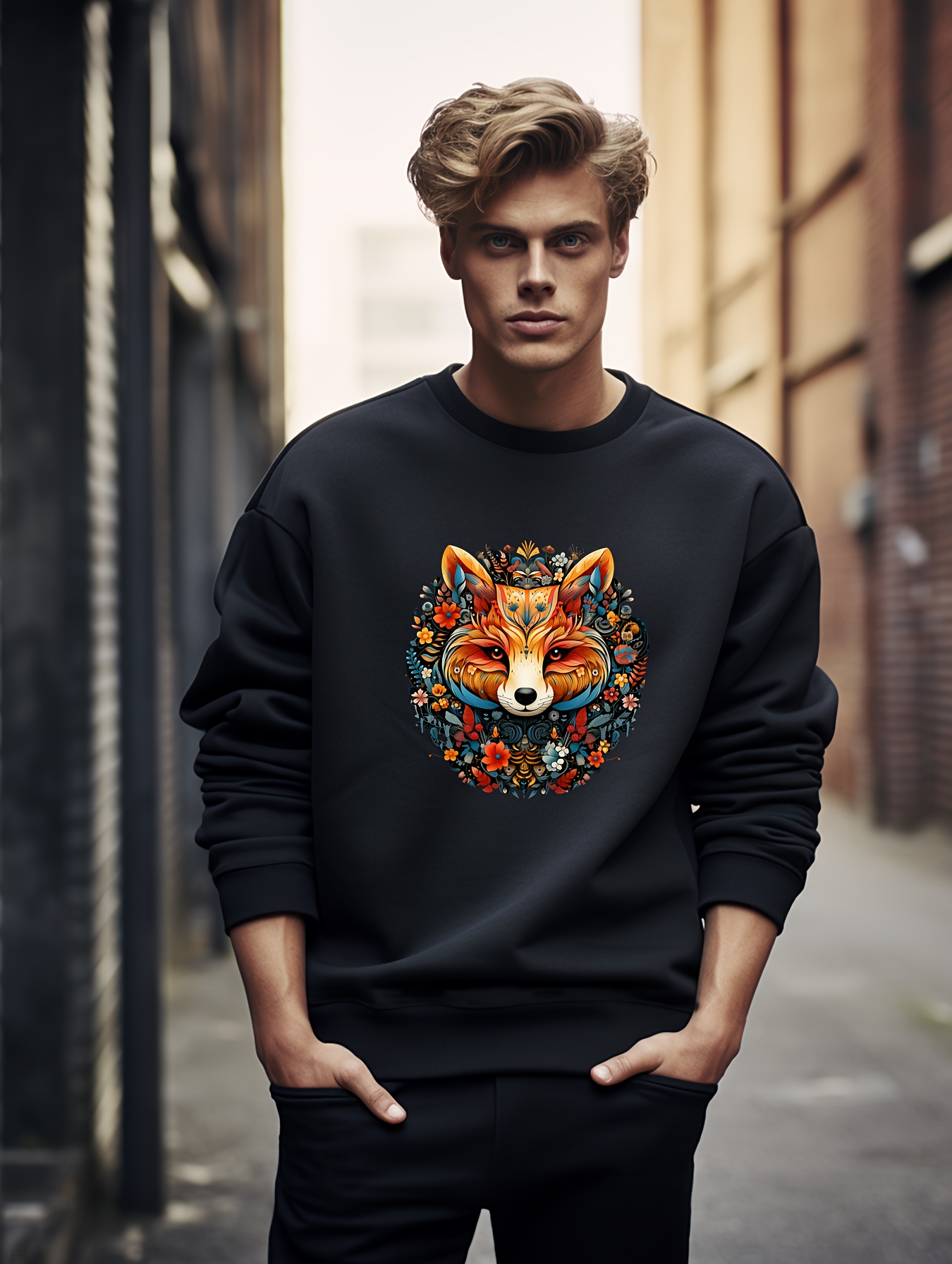 Fox Pattern Print Clothes Cool Long Sleeve Sweatshirt Men - Temu