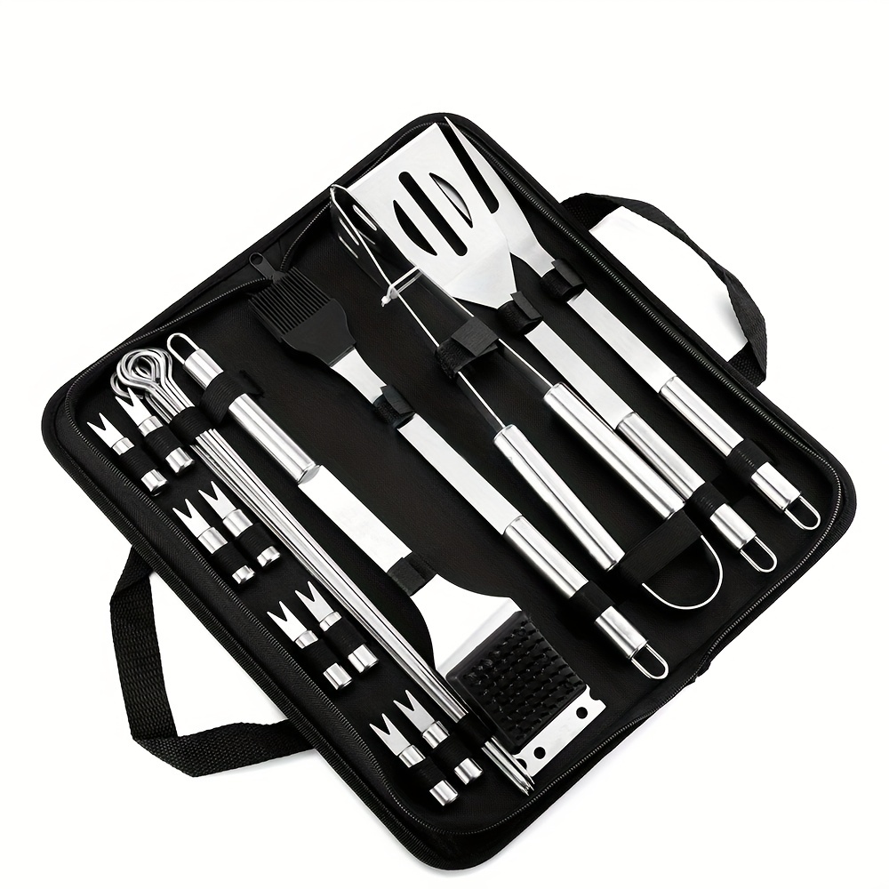 grilljoy 30PCS BBQ Grill Tools Set with Thermometer and Meat Injector.  Extra Thick Steel Spatula, Fork& Tongs - Complete Grilling Accessories in