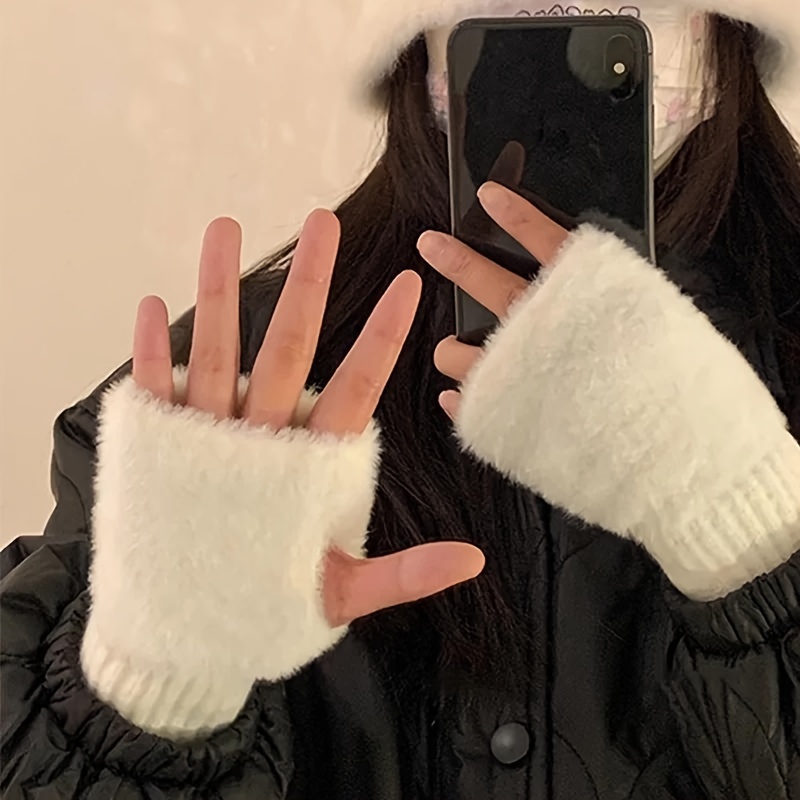 Thickened Velvet Lined Knit Gloves Short Solid Color Plush Cuff Fingerless  Gloves With Thumb Hole Autumn Winter Elastic Coldproof Writing Gloves - Temu