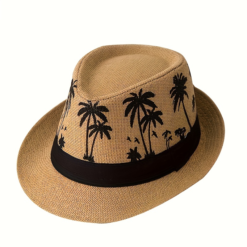 Black Tree Print Sun Protection Hat, Men's unisex Short Brim Breathable Beach Summer Straw Hat,Casual,Temu