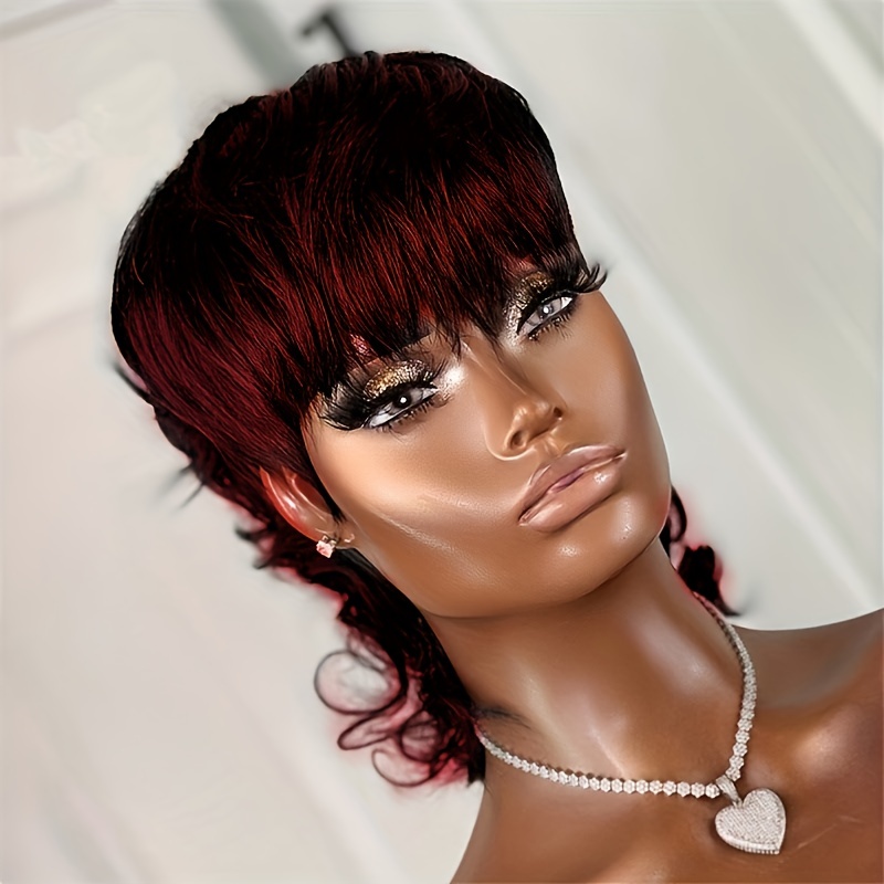 Short Pixie Cut Wig For Black Women Straight Burgundy Red Human Hair No  Lace Wig