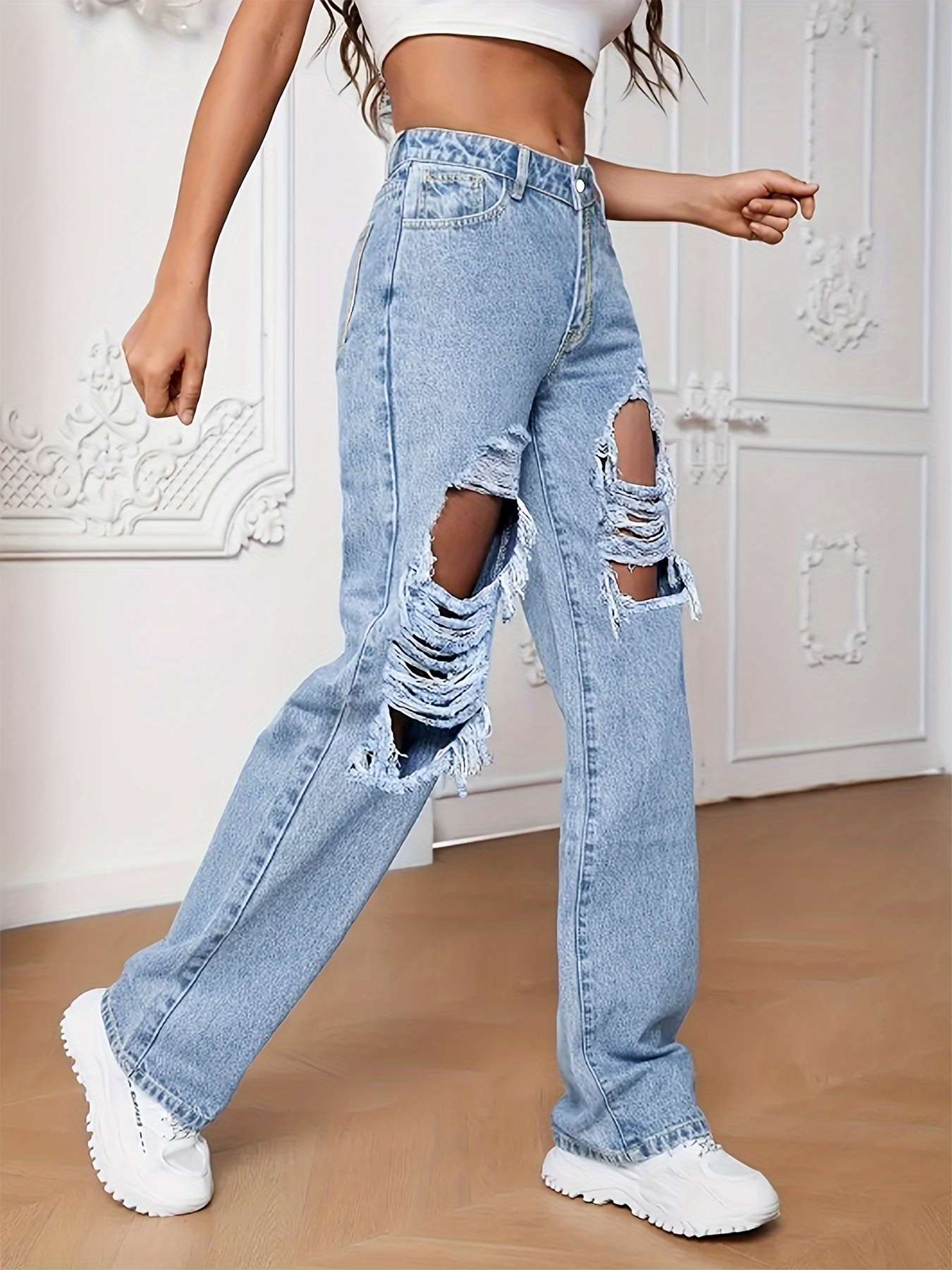 Flap Pockets Cargo Pants, Ripped Holes Loose Fit Distressed Wide Legs Jeans,  Y2k & Kpop Women's Denim Jeans & Clothing - Temu Bahrain