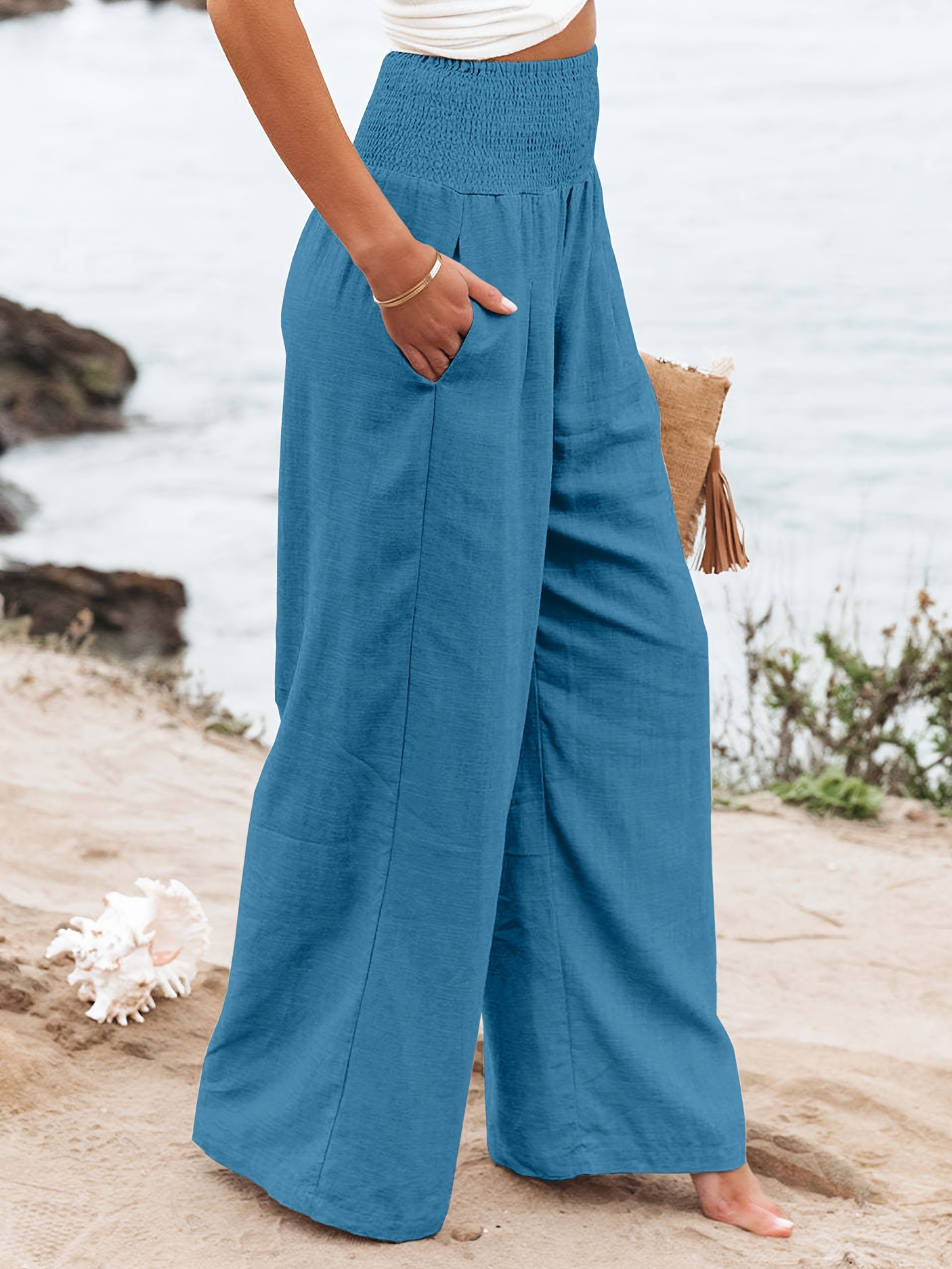 Women Casual Adjustable Waist Cotton Linen Look Wide Leg Pants Summer Beach  Loose Trousers