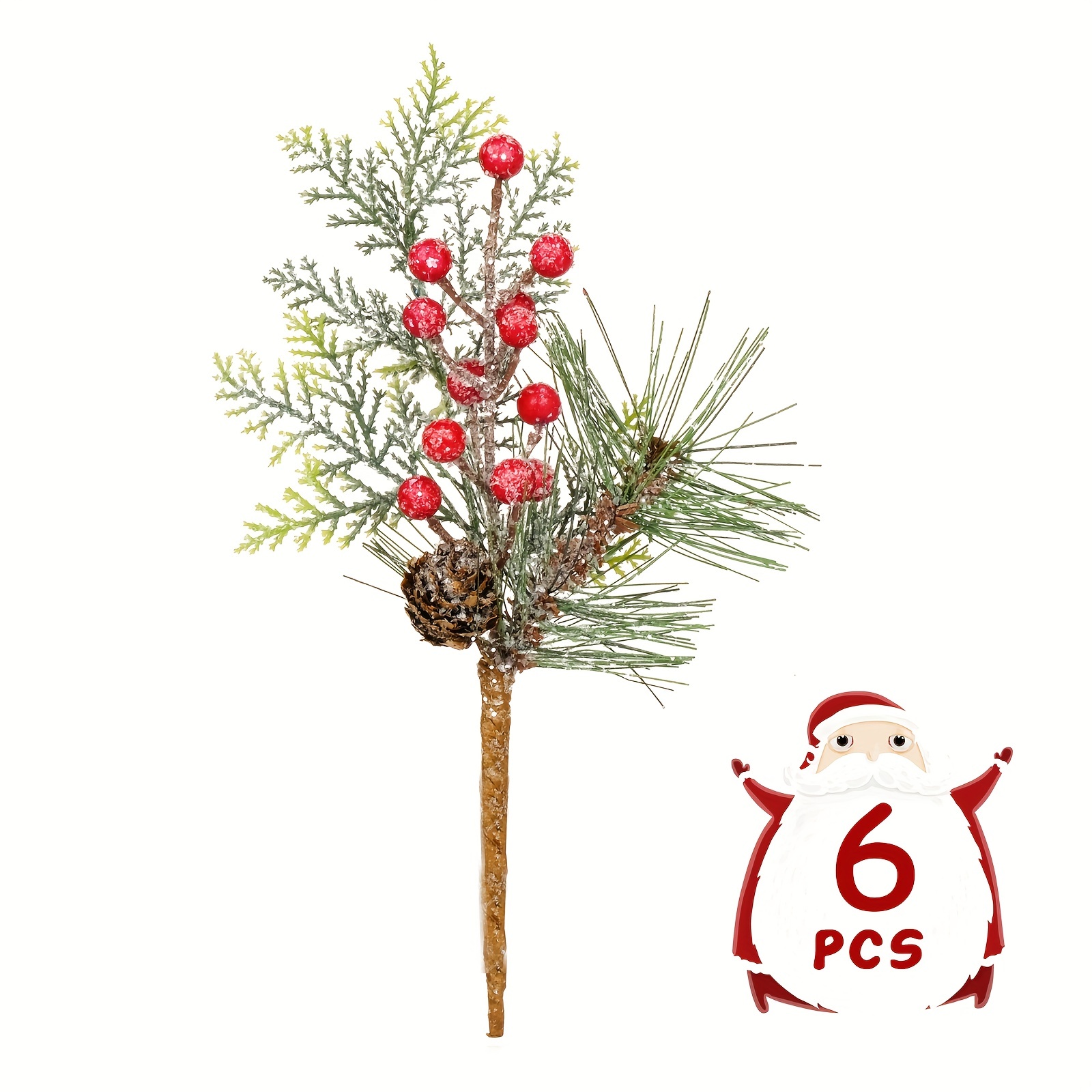Set of 12: Snow Covered Pine Picks with Lifelike Red Berries & Pine Cones, 20-Inch, Festive Holiday Decor, Faux Greenery, Christmas Picks, Home &  Office Decor
