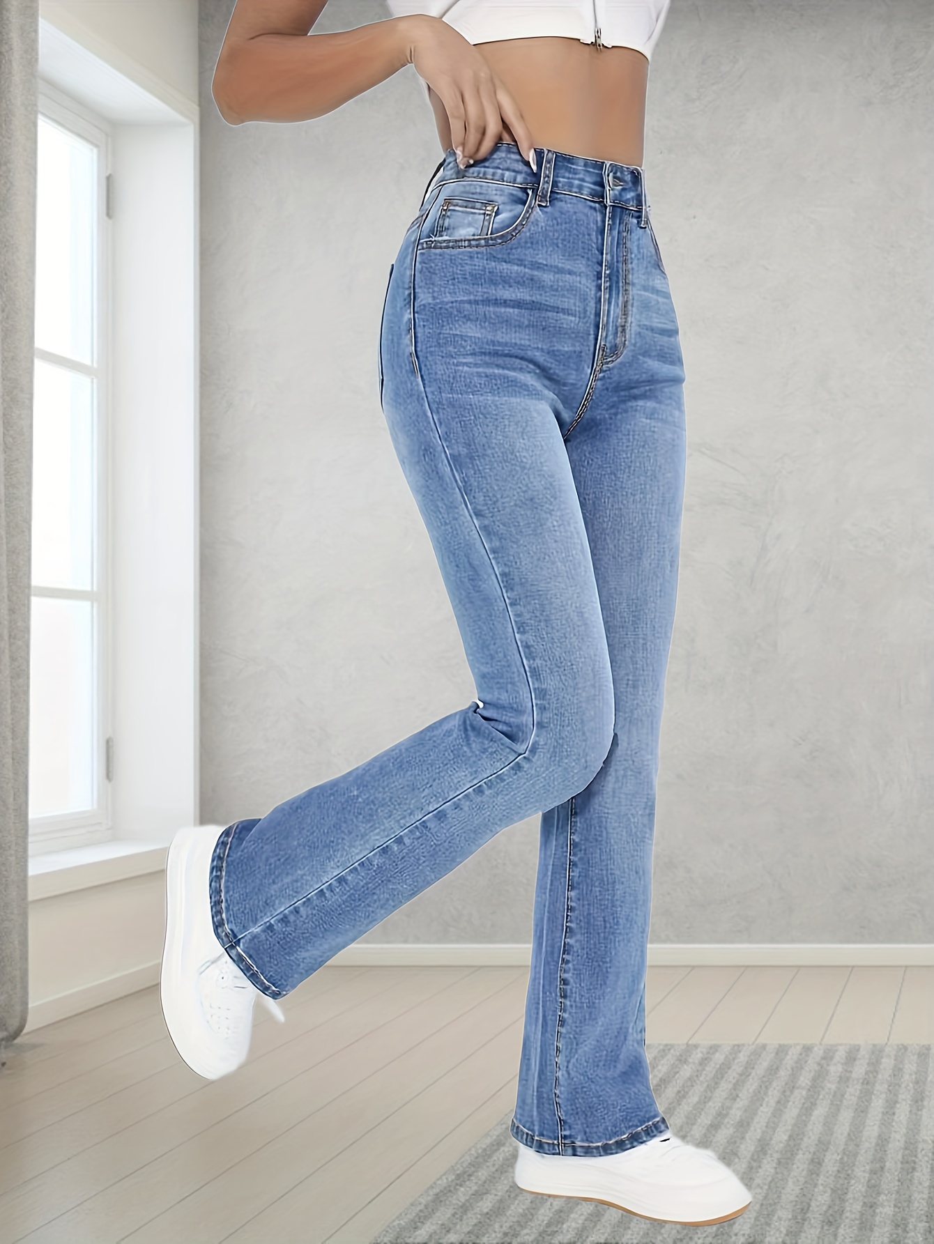 Blue Slant Pockets Capris Denim Jeans Slight Stretch Slim - Temu