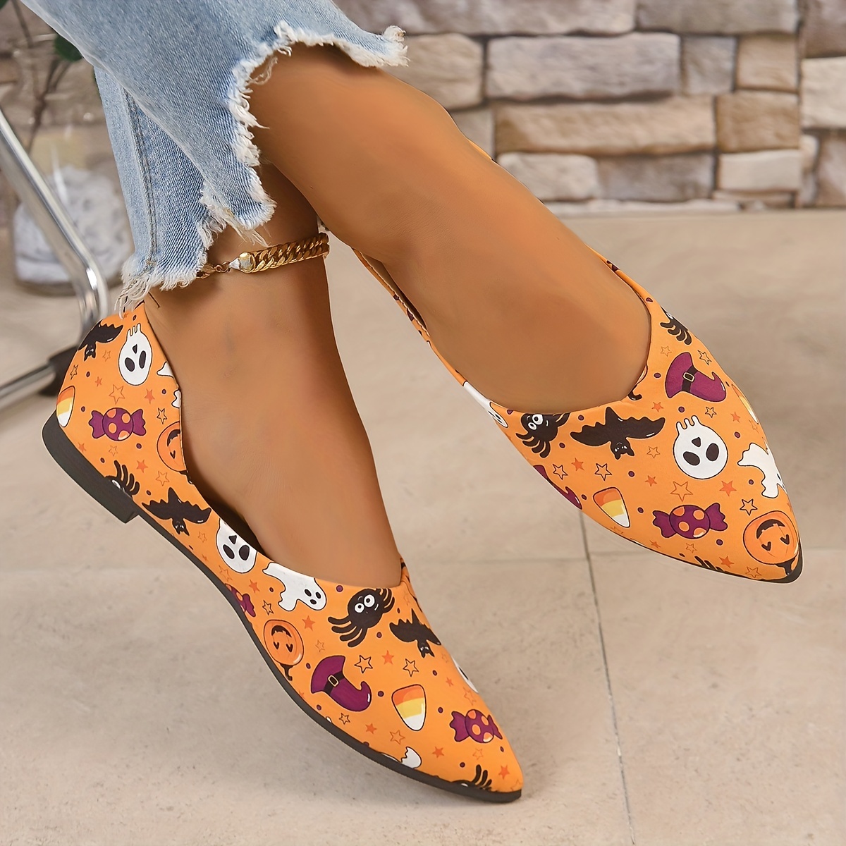 Women's Pumpkin Print Flat Mules, Elegant Point Toe Dress Shoes,  Lightweight Slip On Halloween Shoes - Temu