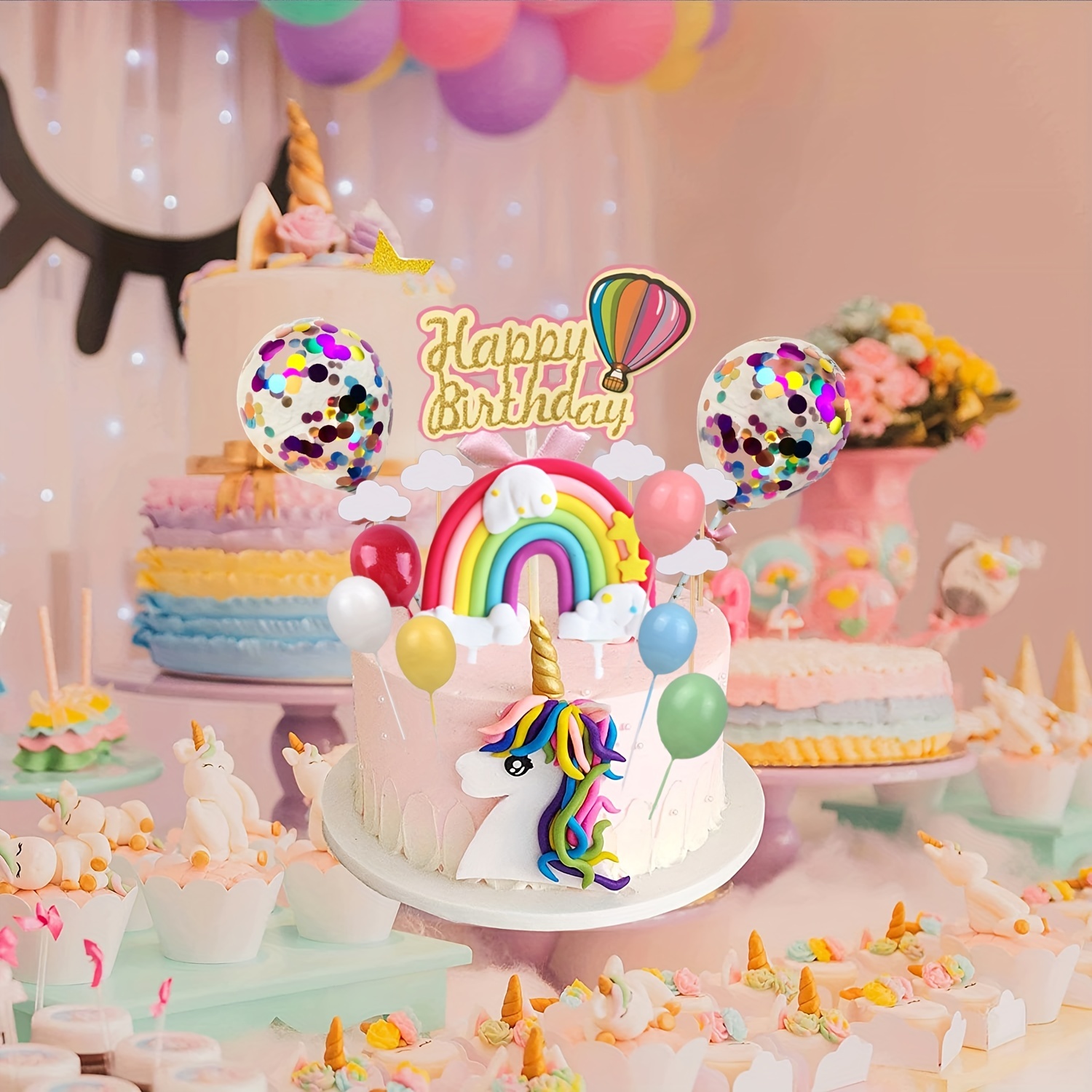 Colorful Party Table with Cakes and Balloons