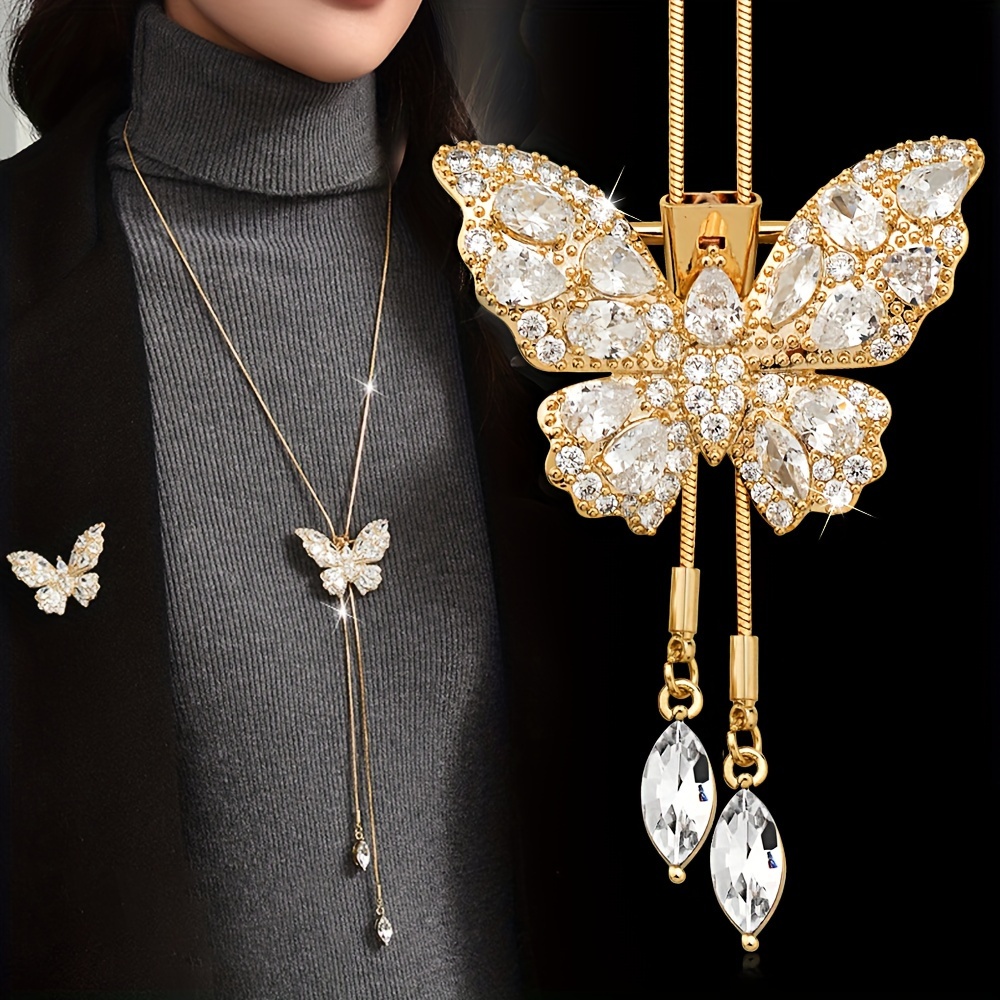 

Delicate Butterfly Pendant Necklace Zinc Alloy Jewelry Embellished With Rhinestones Elegant Luxury Style Female Sweater Chain