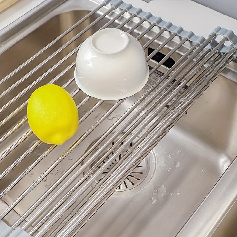 Roll Up Dish Drying Rack - Stainless Steel and Silicone Dish Drying Mat  Over the Sink Foldable Drain Rack Multipurpose Dish Drainer 