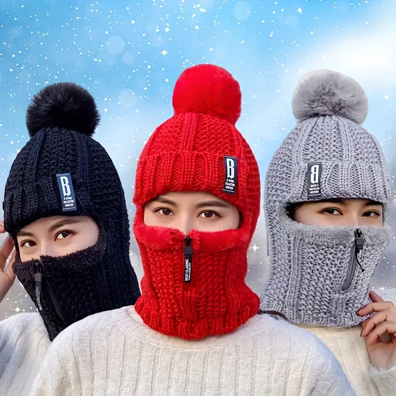 Coldproof Fleece Ski Mask Zipper Pom Winter Warm Hooded - Temu