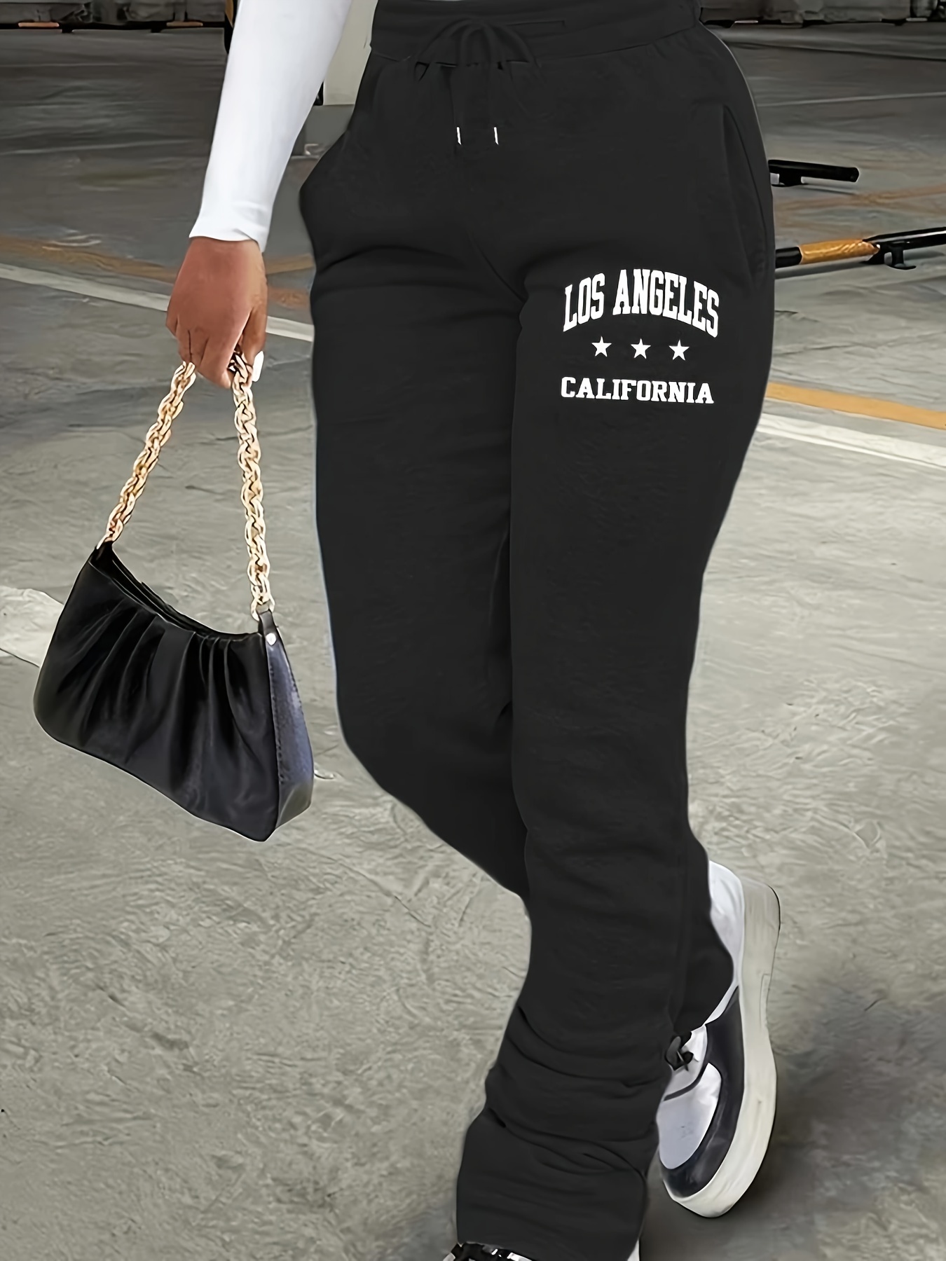 Women's Casual High Waist Stacked Sweatpants Drawstring Ruched Fleece Lined  Slit Leggings Pants Casual Loose Joggers