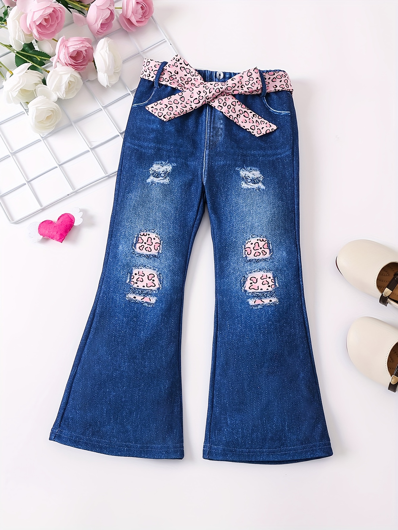 Girl's Bell-bottom Leopard Pattern Imitation Denim Print Allover Print  Stretchy Flared Trousers Leggings