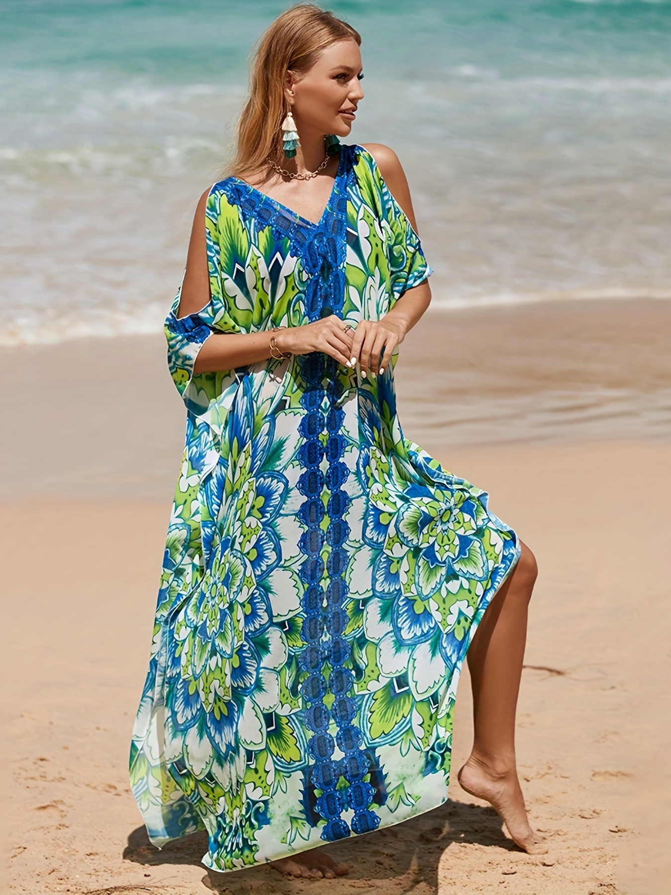 Halter Neck Semi sheer Tropical Print Beach Dress High - Temu