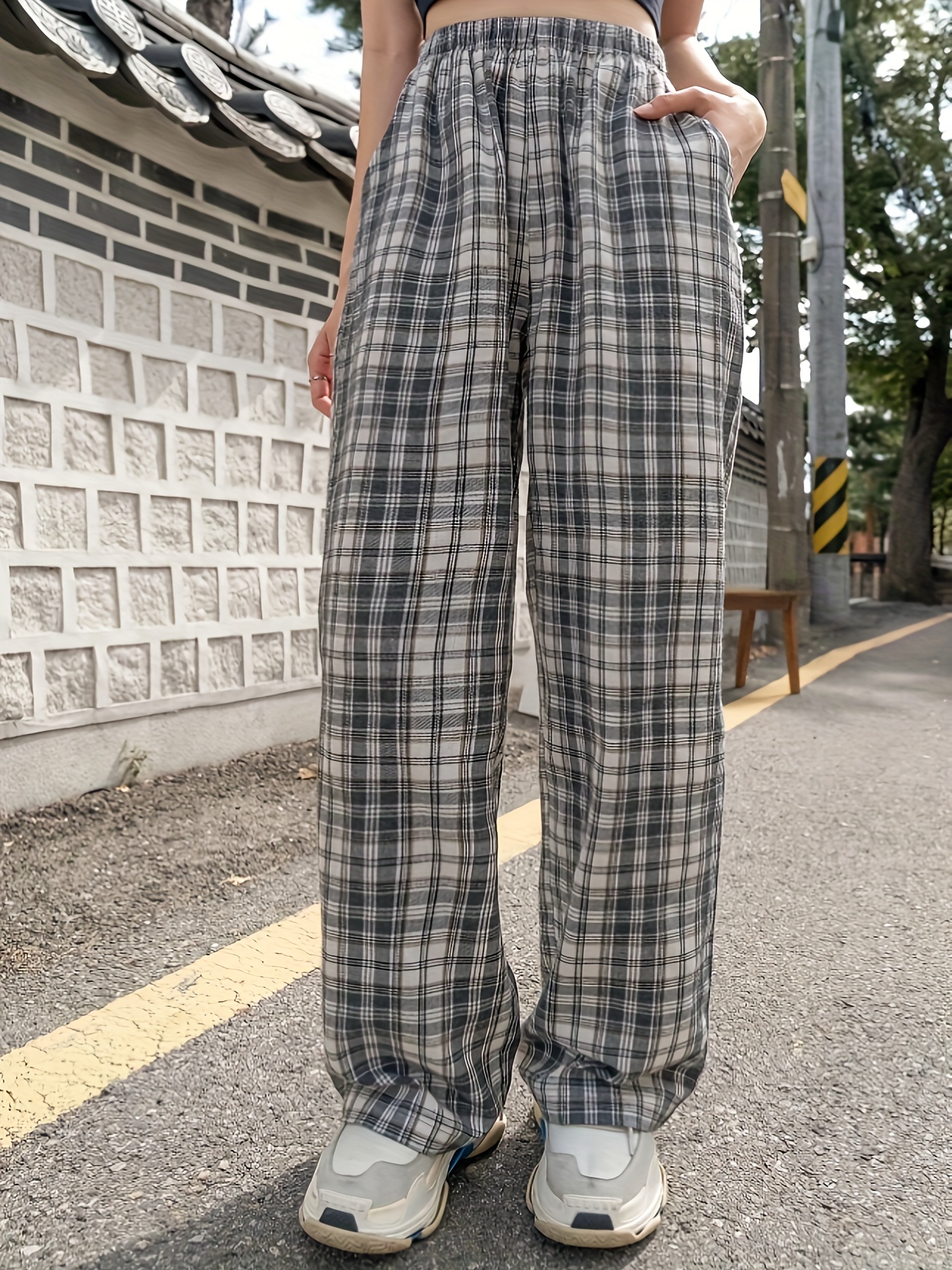 Black and White Plaid Pants Female High Waist Home Print Straight Wide Pants  Oversize Street Fashion Trousers Style S : : Clothing, Shoes &  Accessories