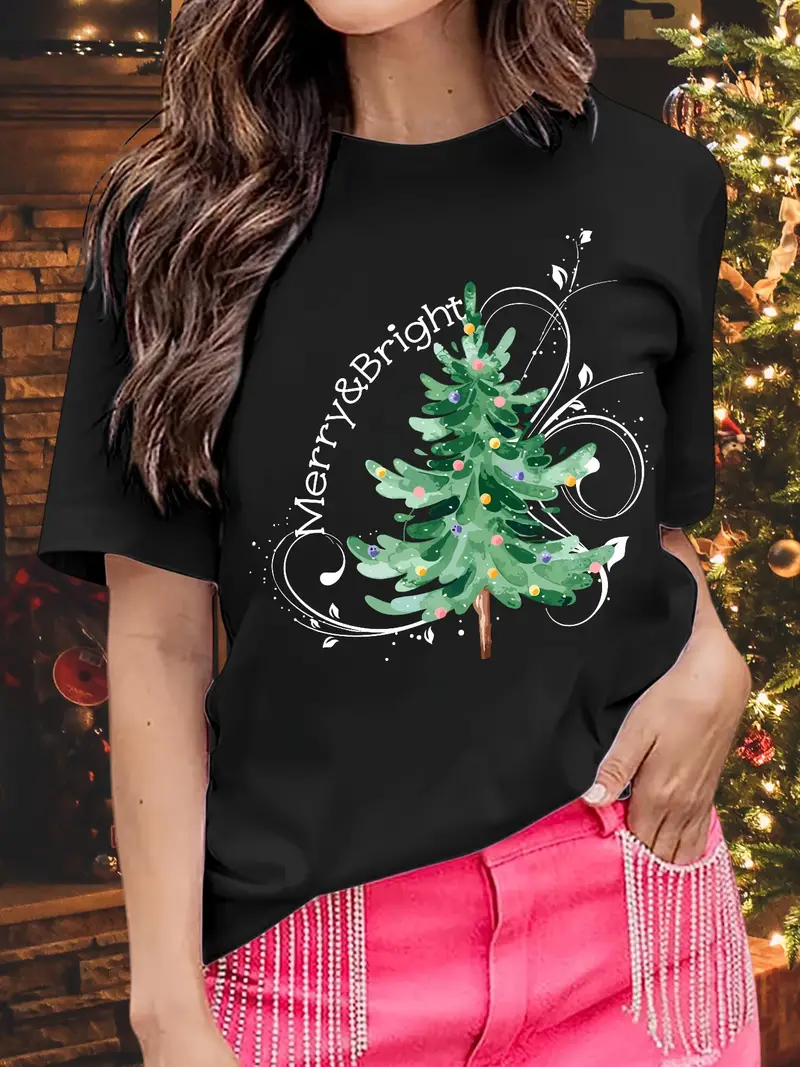 Camiseta Casual Estampado Árbol Navidad Cuello Redondo Manga