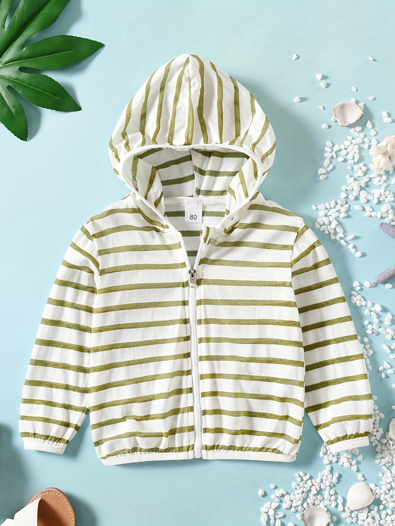 Boys Striped Zip Up Long Sleeves Hooded Jacket, Summer Sunscreen Clothing  For Vacation Beach Travel