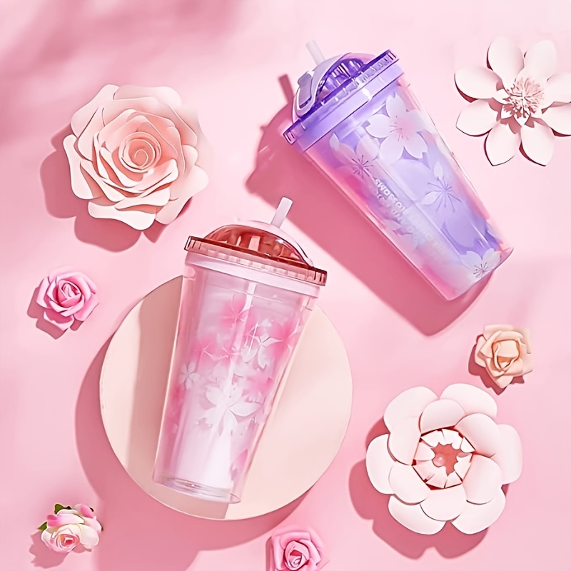 Sakura Flower Tumbler With Lid And Straw, Double Walled Plastic