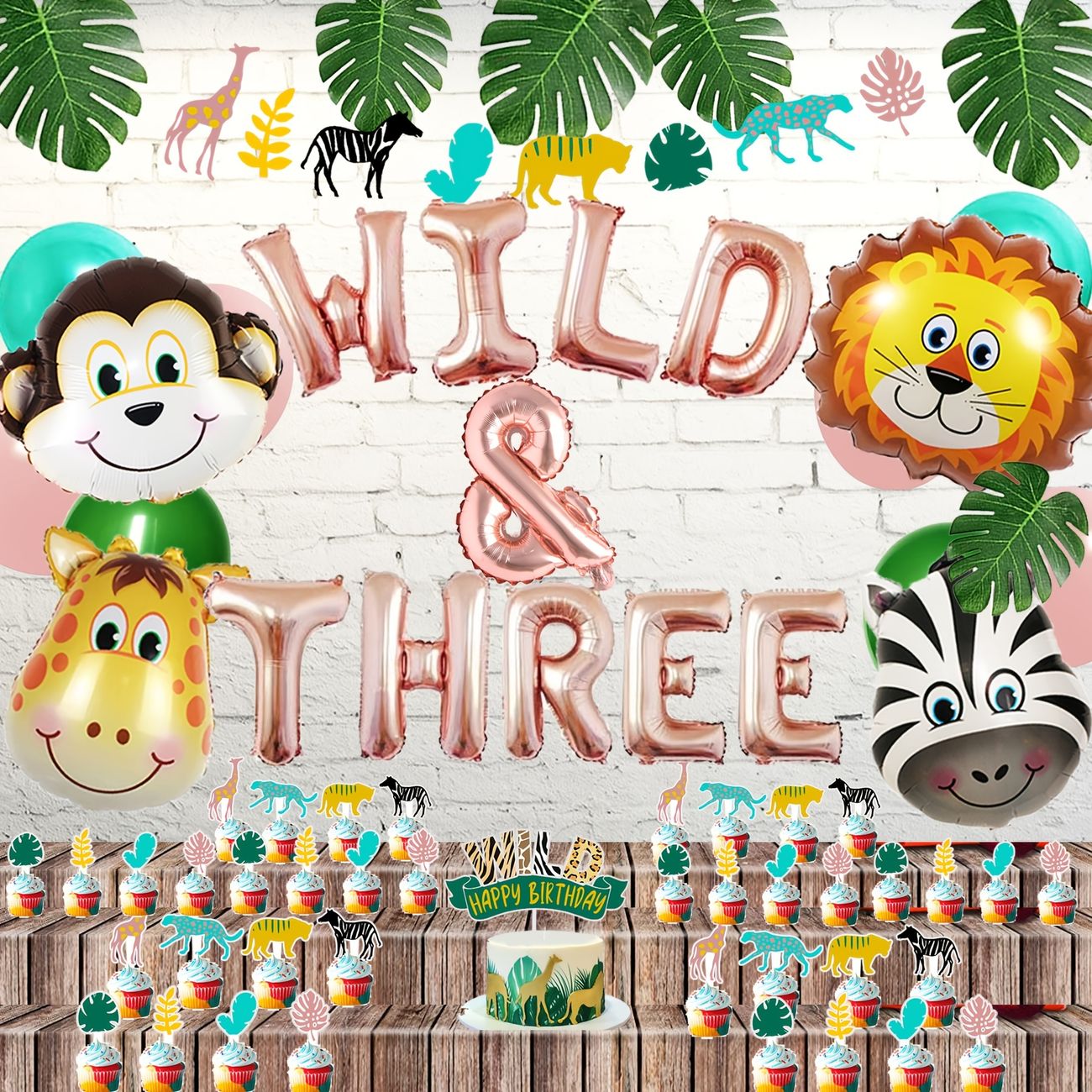 84pcs Wild And Three Safari Animal Birthday Decorations Supplies Rose  Golden Wild Three Balloons Banner Wild