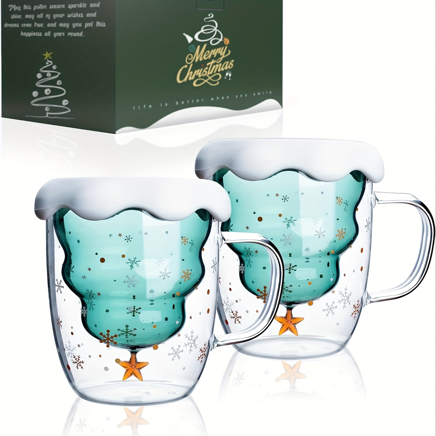 Christmas Tree Coffee Mug, Double Walled Glass Coffee Cups, Heat