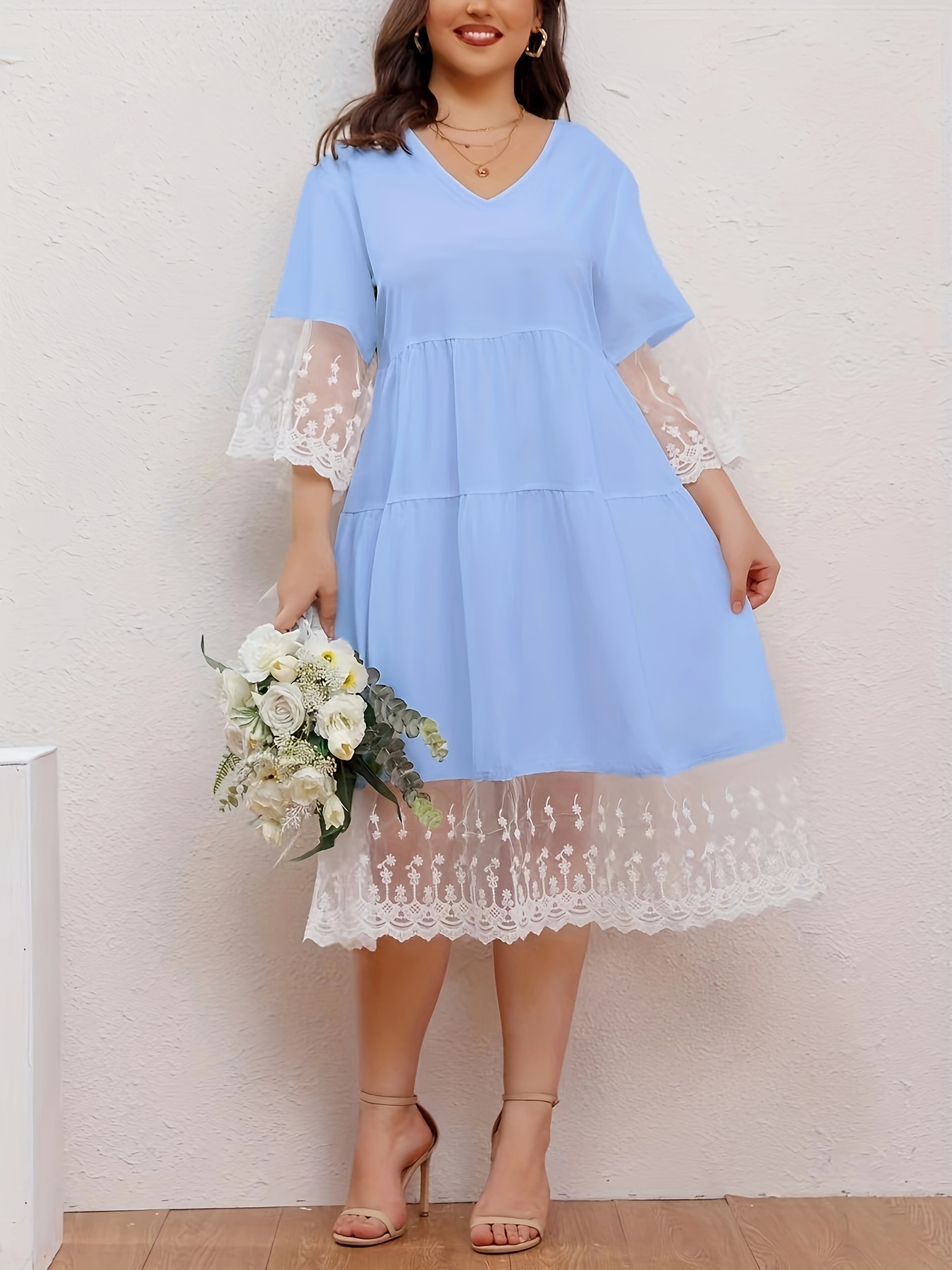 knee length dresses for ladies Plus Size Sequin Lace Round Neck Formal Evening Dress