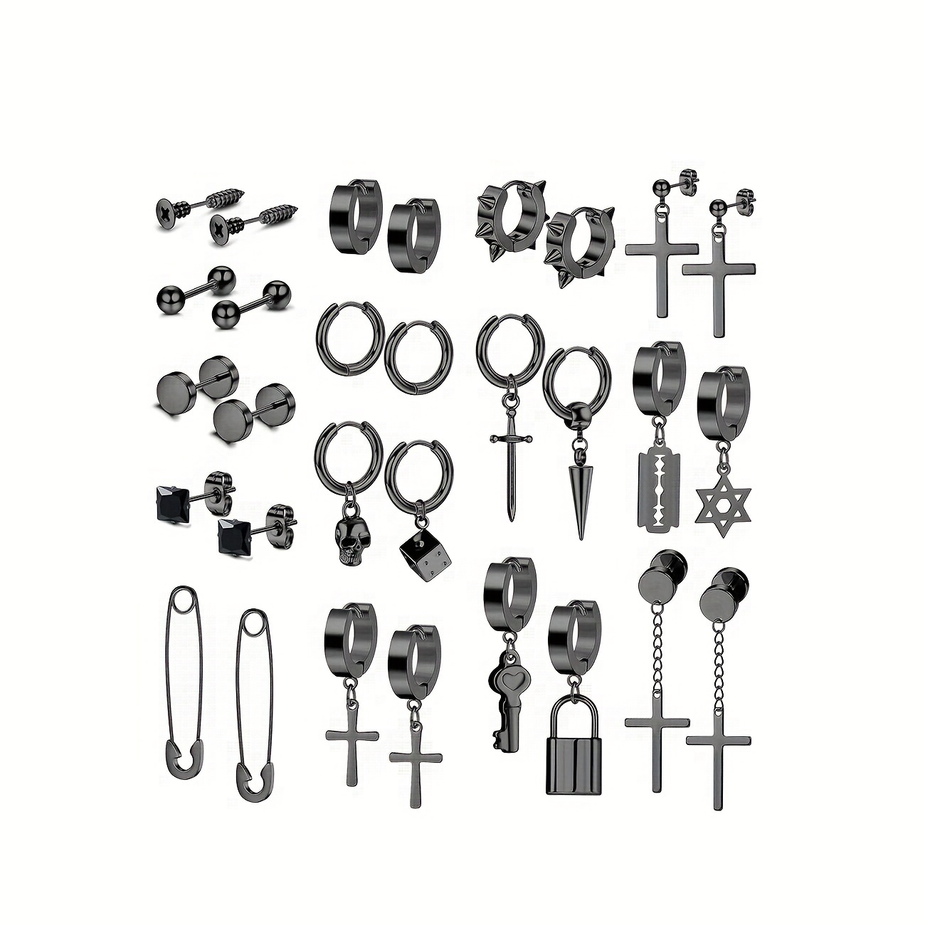 15 Pairs of Men's Stainless Steel Hoop Stud Earrings